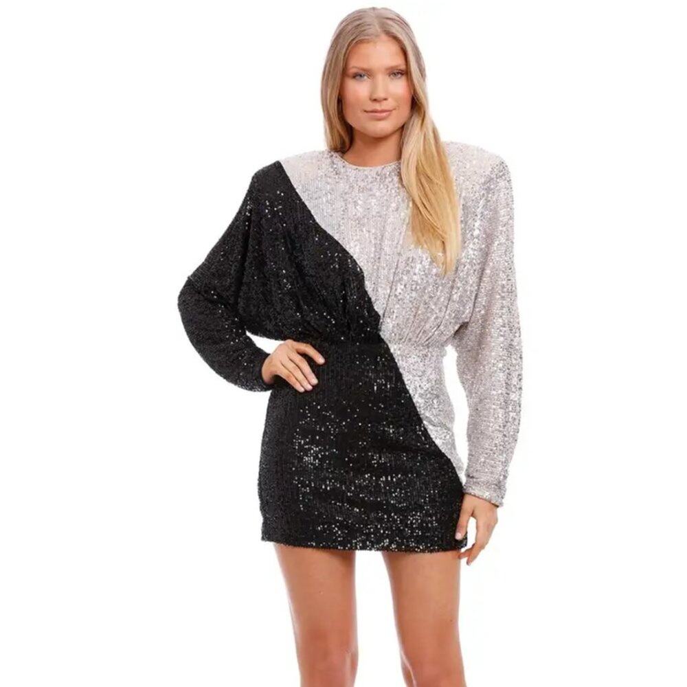 ROTATE‎ Billie Sequin Mini Dress Size 2 | Black & Cream Long Sleeve Party Dress